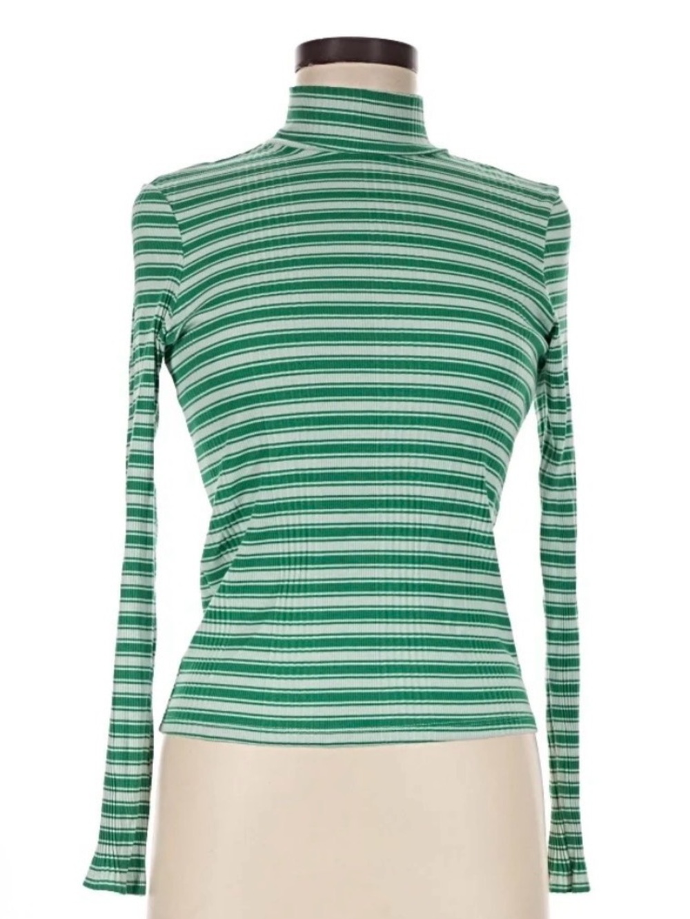 Victoria's Secret turtleneck is a green and white striped mock-neck top